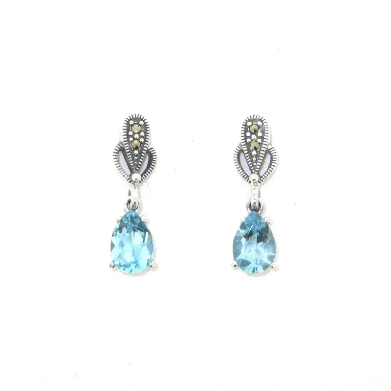 Ladies Earrings with Petal Shine-Blue Topaz Earrings Teardrop Silver Marcasite