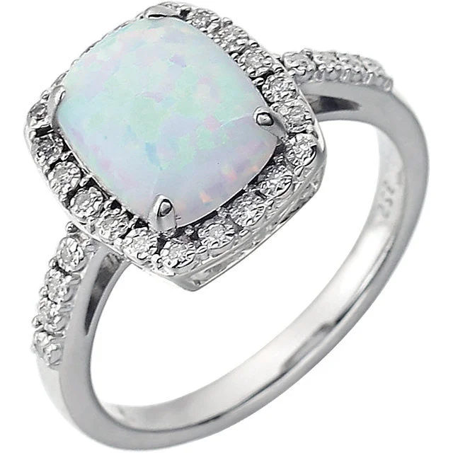 Ladies Rings for Mentor Shine-14k White Gold 10x8 Cushion Opal & Diamond Halo Ring