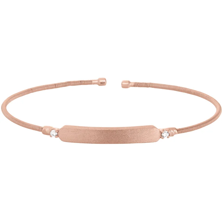 Rose Gold Finish Sterling Silver Cable Cuff Bracelet with Name Plate and Simulated Diamond Birth Gems - April