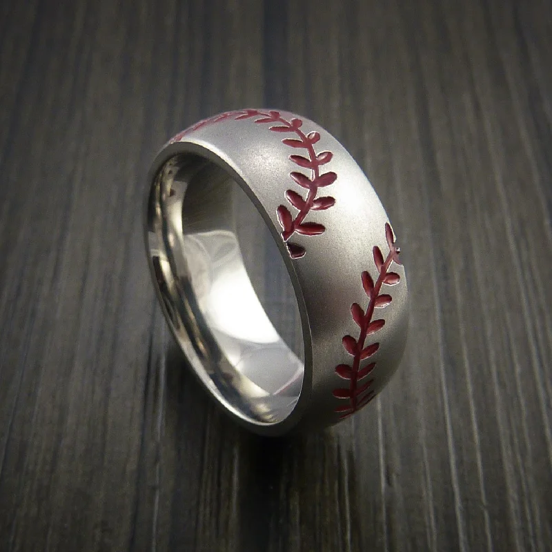 Ladies Rings with Initial Glow-Titanium Double Stitch Baseball Ring with Bead Blast Finish