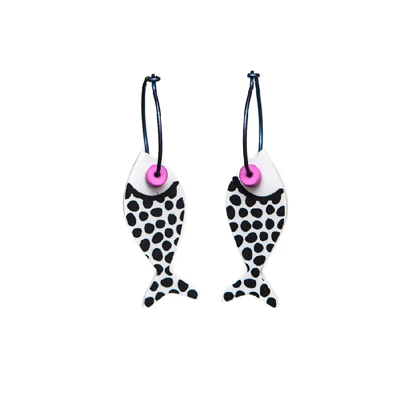 Ladies Earrings with Yellow Herderite-Lene Lundberg K-Form Black and White Fish Earrings