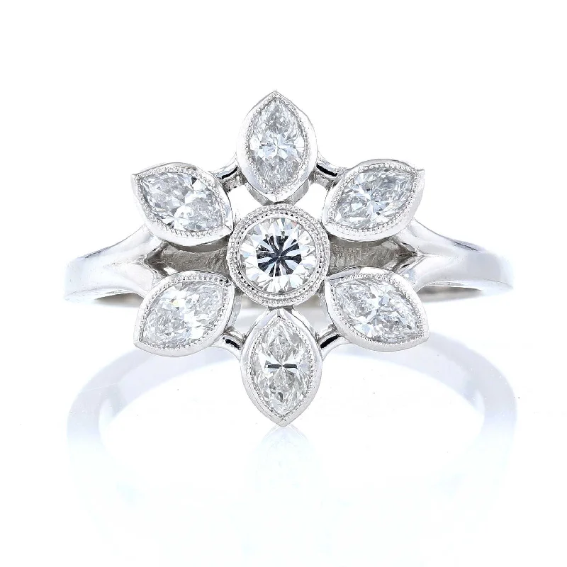 Ladies Engagement Rings with Zircon Shine-White Gold Diamond Flower Milgrain Engagement Ring