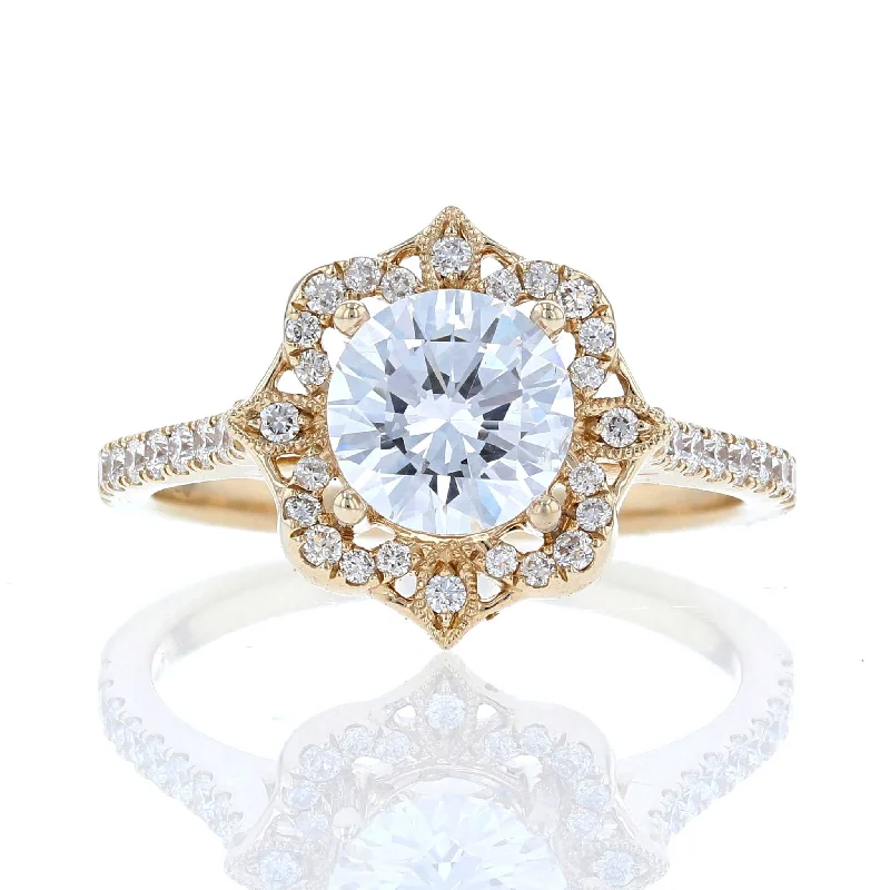 Ladies Engagement Rings with Moonstone Spark-Yellow Gold Vintage Halo Engagement Ring