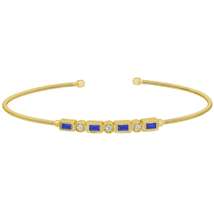 Ladies barely-there bracelets -Gold Finish Sterling Silver Cable Cuff Bracelet with Simulated Sapphires and Simulated Diamonds