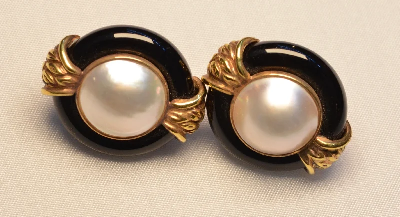 Ladies Earrings for Dream Shine-14K  Moby Pearl and Onyx Earrings