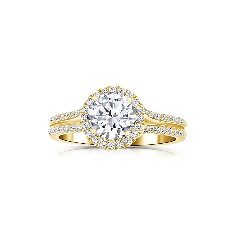 Ladies Engagement Rings with Danburite Spark-14K Yellow Gold Round 1.20 Carat Diamond Halo Split Shank Engagement Ring