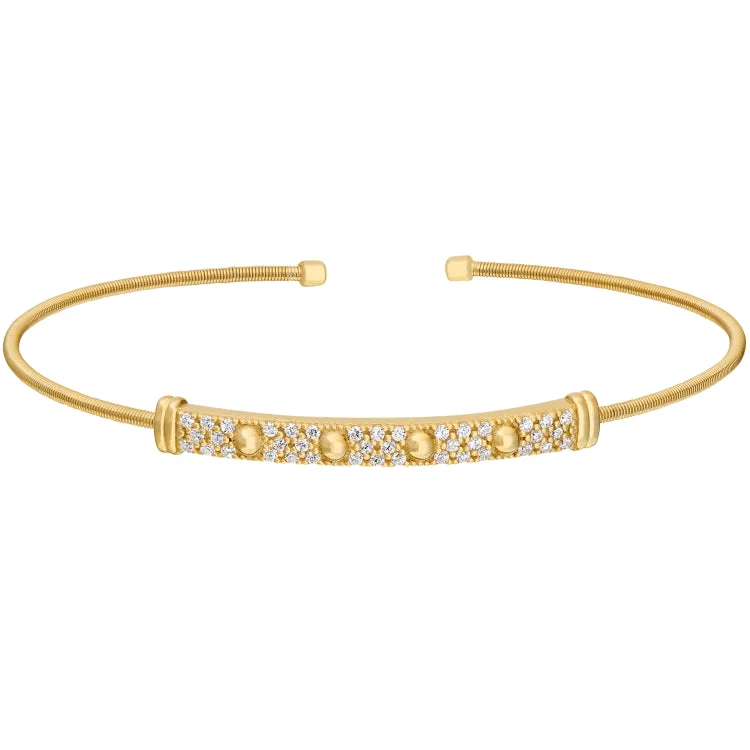 Ladies coin edge bracelets -Gold Finish Sterling Silver Cable Cuff Bracelet with Four Beads & Simulated Diamonds