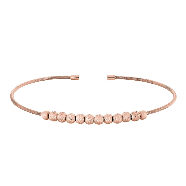 Ladies cutting-edge trend bracelets -Rose Gold Finish Sterling Silver Cable Cuff Bracelet with Ten Diamond Cut Spinning Beads