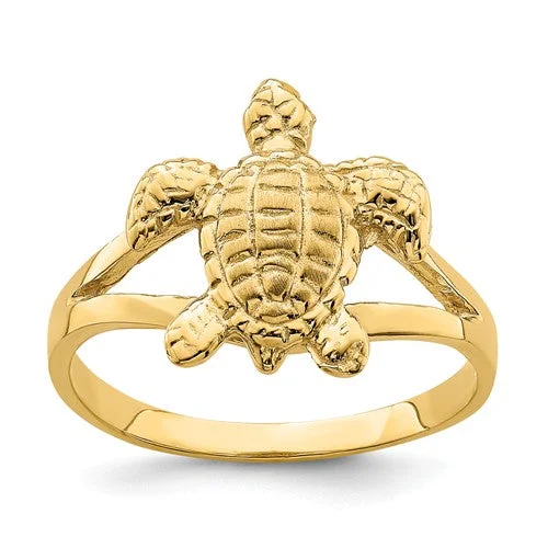 Ladies Rings Trendy Shine-14k Yellow Gold Solid Textured Sea Turtle Ring