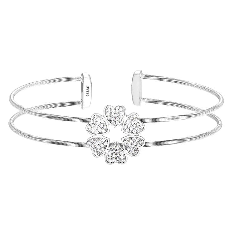 Ladies blooming floral bracelets -Rhodium Finish Sterling Silver Two Cable Cuff 5 Hearts Bracelet with Simulated Diamonds