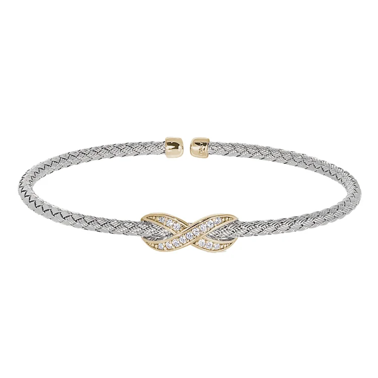 Ladies quirky gleam bracelets -Rhodium Finish Sterling Silver Basketweave Cable Cuff  Bracelet with Gold Finish Infititry With Simualated Diamonds