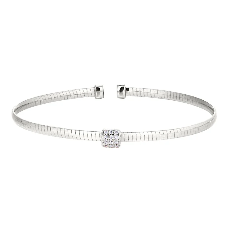 Ladies nature’s breath bracelets -Rhodium Finish Sterling Silver Omega Cable Cuff Bracelet with Central Square with Simulated Diamonds