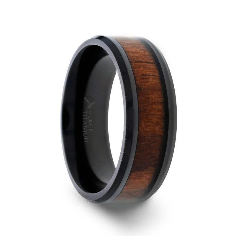 Ladies Engagement Rings with Thaumasite Glow-Thorsten KONY Black Titanium Polished Beveled Edges Black Walnut Wood Inlaid Men’s Wedding Ring - 6mm & 8mm