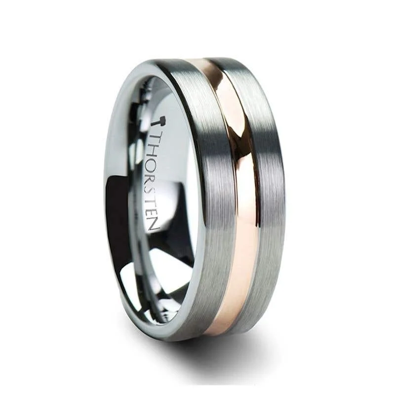 Ladies Rings with Crescent Glow-Thorsten ZEUS Flat Brushed Finish Tungsten Carbide Ring with Rose Gold Plated Groove - 4mm - 10mm