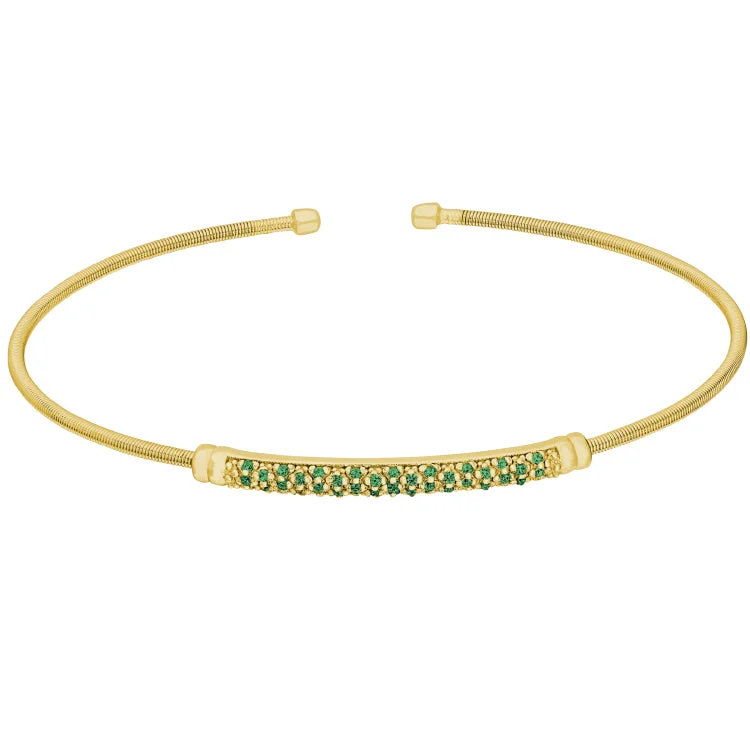 Ladies clustered gem bracelets -Gold Finish Sterling Silver Cable Cuff Bracelet with Three Rows of Simulated Emerald Birth Gems - May