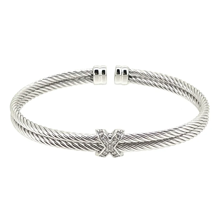 Ladies mirror polish bracelets -Rhodium Finish Sterling Silver Twisted Double Cable Cuff  Bracelet With a Rhodium Finish X with Simulated Diamonds