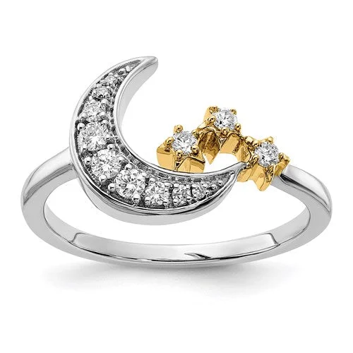 Ladies Rings with Stellar Stone-14k White and Yellow Gold Moon with Stars Diamond Ring