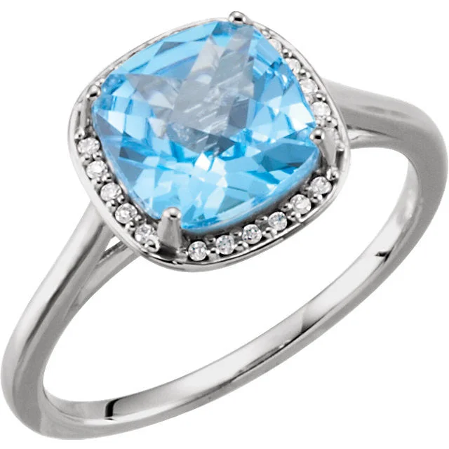 Ladies Rings Gift Spark-14k Gold 8mm Cushion Cut Swiss Blue Topaz & Diamond Halo Ring