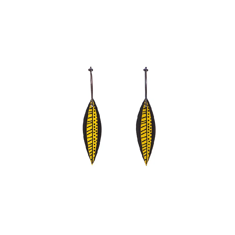 Ladies Earrings with Diamond Shine-Lene Lundberg K Form Chartreuse/Black Thin Veined and Spotted Leaf Earrings