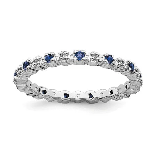 Ladies Rings Curved Spark-Sterling Silver Stackable Expressions Blue Sapphire & Diamond Alternating Eternity Ring