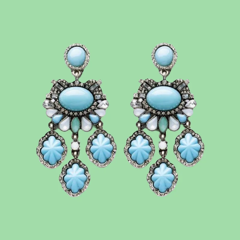 Ladies Earrings with Ocean Larimar-Chandelier Turquoise blue scalloped earrings