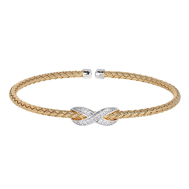 Ladies upscale gem bracelets -Gold Finish Sterling Silver Basketweave Cable Cuff  Bracelet with Rhodium Finish Infititry With Simualated Diamonds