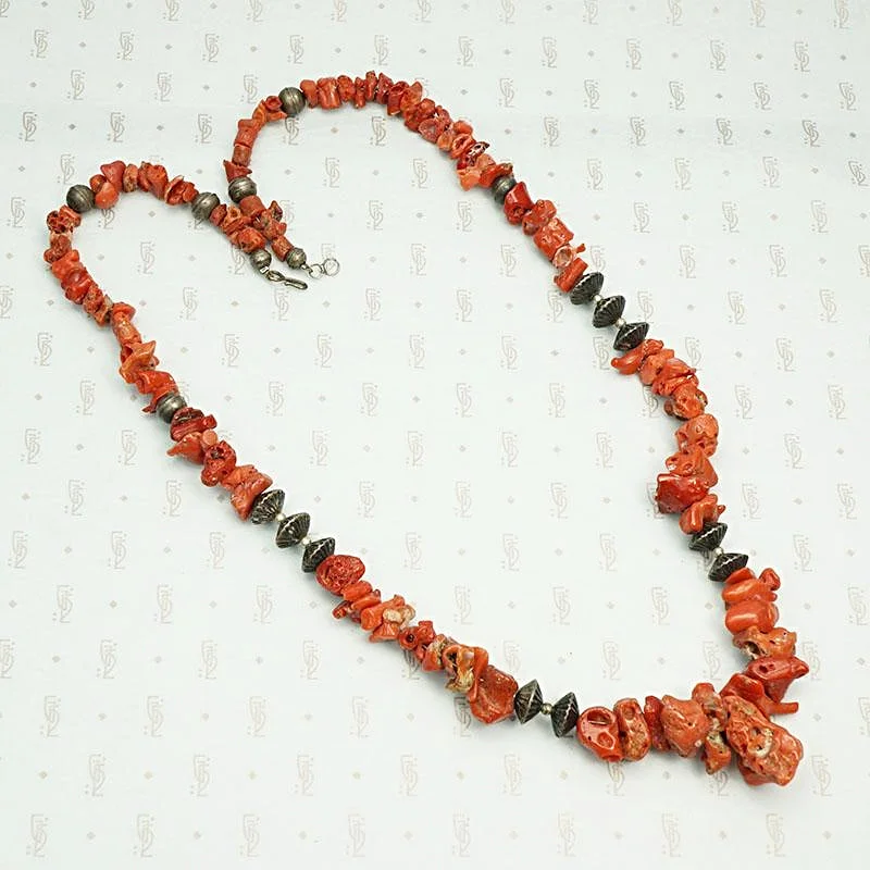 Chunky statement necklaces -Antique Coral and Silver Navajo Bead Necklace