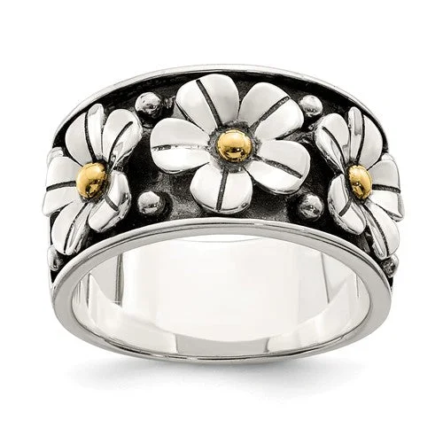 Ladies Rings Unique Spark-Sterling Silver Antiqued 14k Gold Centered Daisy Ring