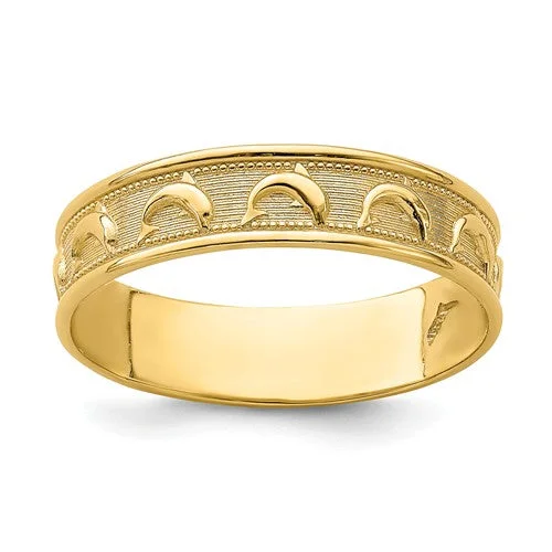 Ladies Rings with Wave Shine-14K Yellow Gold Dolphin Engraved Polished and Textured Thumb Ring