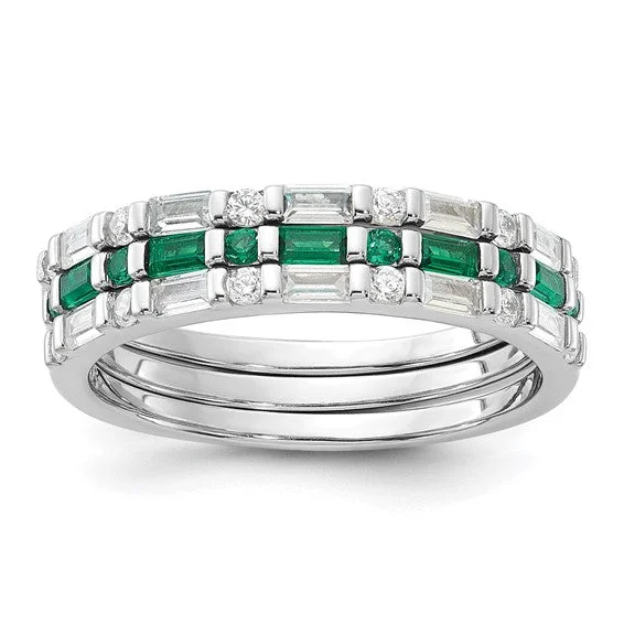 Ladies Rings for Grad Shine-Sterling Silver Imitation Emerald and CZ 3 Ring Set