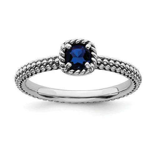 Ladies Rings with Aqua Turquoise-Sterling Silver Stackable Expressions Created Blue Sapphire Cushion Ring