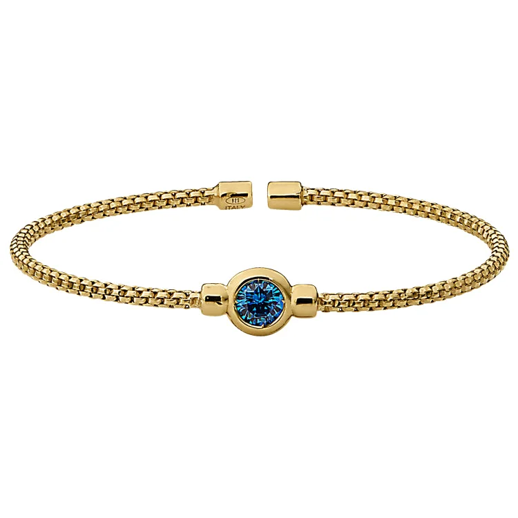 Ladies heartfelt sentiment bracelets -Gold Finish Sterling Silver Rounded Box Link Cuff Bracelet with Bezel Set Simulated Blue Topaz Birth Gem