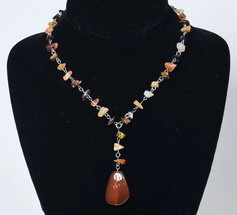 Bespoke artisan necklaces -Carnelian Pendant on Silver Chain Stone Chip Bead Station Necklace