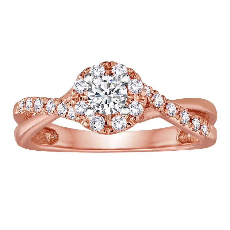 Ladies Engagement Rings Matte Spark-14KT Rose Gold Cross Shank Halo Engagement Ring - BLISS6-E-Size 8.5