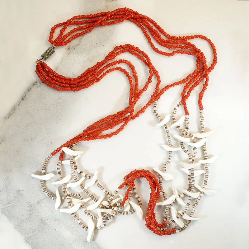 Playful shine necklaces -White Birds on Red Glass Bead Fetish Necklace