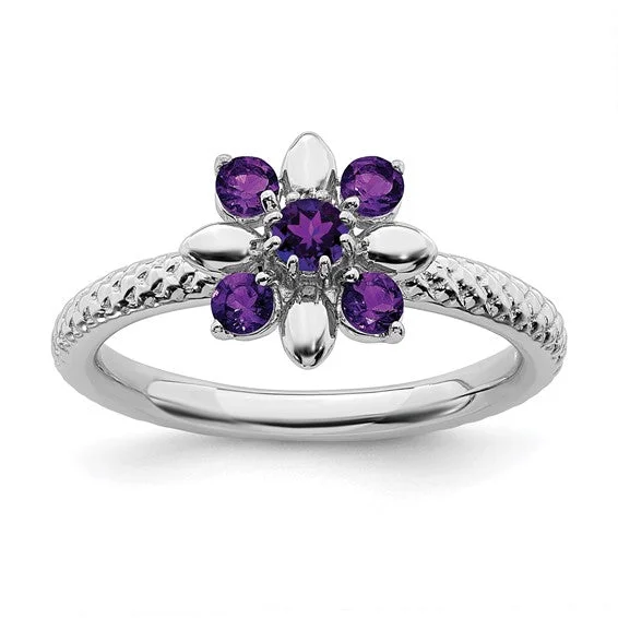 Ladies Rings with Coral Kornerupine-Sterling Silver Stackable Expressions Amethyst Flower Ring