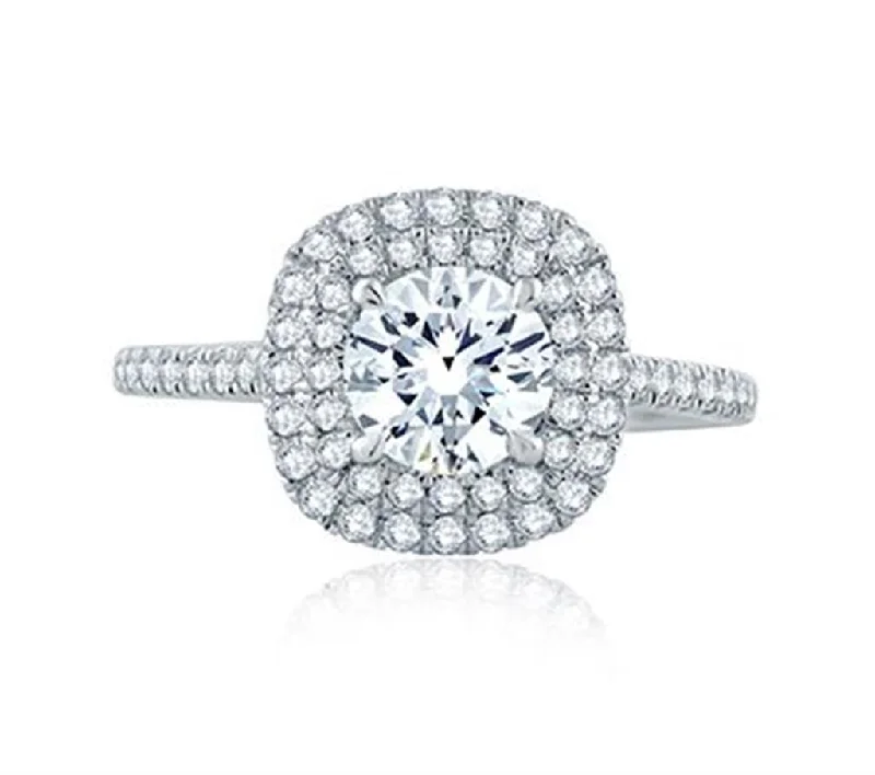 Ladies Engagement Rings with White Spark-14k White Gold Cushion Double Halo and Hidden Halo Engagement Ring Mounting