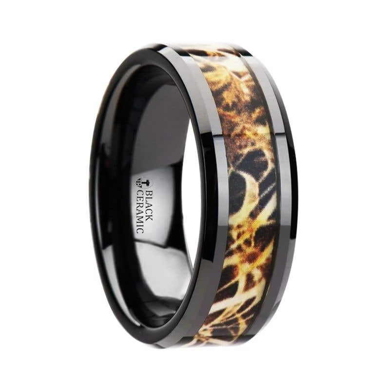 Ladies Engagement Rings with Idocrase Spark-Thorsten TUNDRA Black Ceramic Wedding Band with Leaves Grassland Camo Inlay Ring - 8mm