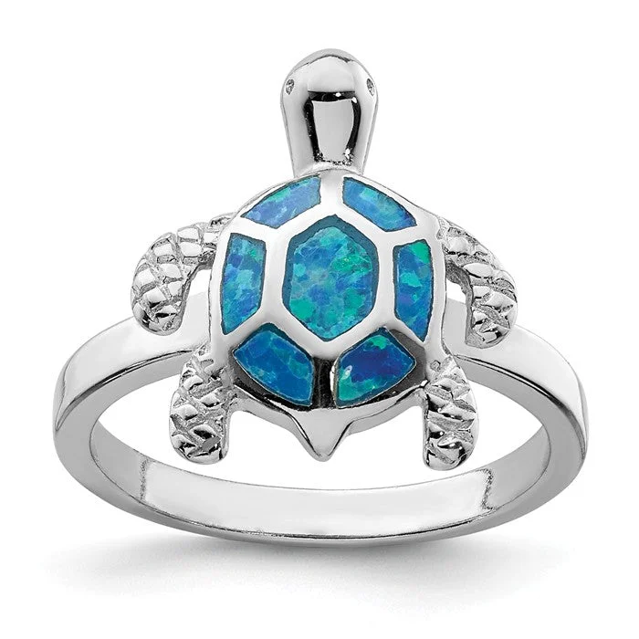 Ladies Rings with Hex Glow-Sterling Silver Created Blue Opal Turtle Ring