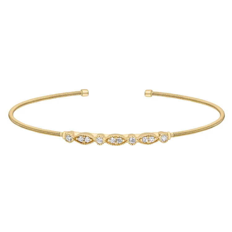 Ladies slim silhouette bracelets -Gold Finish Sterling Silver Cable Cuff Bracelet with Simulated Diamond Marquis & Round Design