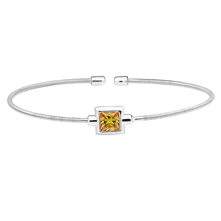 Ladies city sleek bracelets -Rhodium Finish Sterling Silver Cable Cuff Bracelet with Princess Cut Simulated Citrine Birth Gem