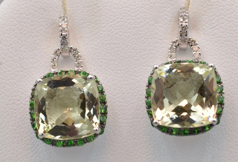 Ladies Earrings for Bridal Shine-Green Quartz and Diamond Earrings Trimmed with Green Garnets