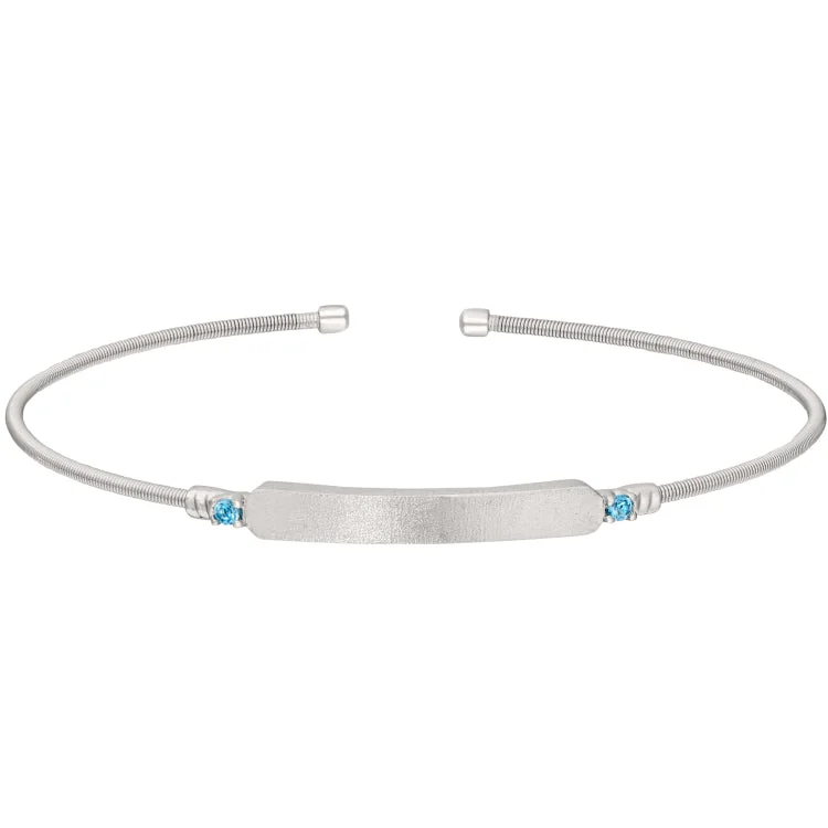 Ladies anchor strength bracelets -Rhodium Finish Sterling Silver Cable Cuff Bracelet with Name Plate and Simulated Aquamarine Birth Gems - March