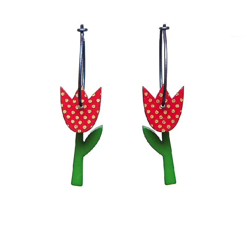 Ladies Earrings with Nebula Shine-Lene Lundberg K-Form Red Spotty Tulip Earrings