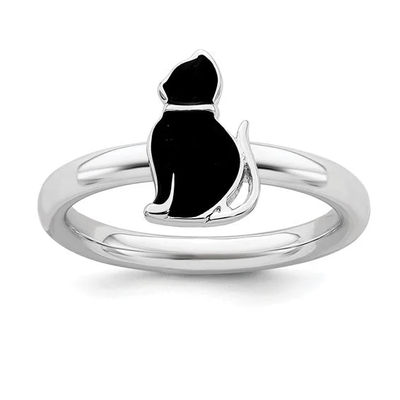 Ladies Rings with Coral Glow-Sterling Silver Stackable Expressions Black Enameled Cat Ring