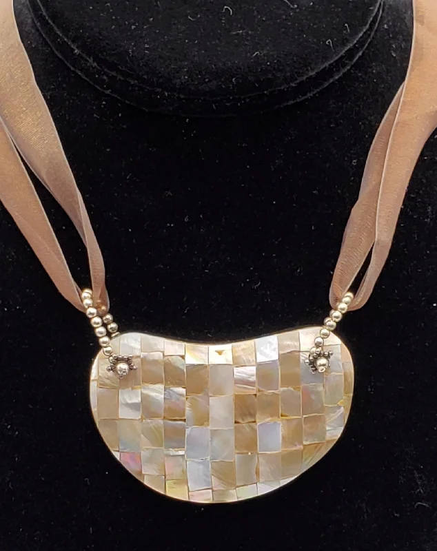 Confident gleam necklaces -Vintage Mosaic Mother of Pearl Breast Plate Pendant Ribbon Necklace