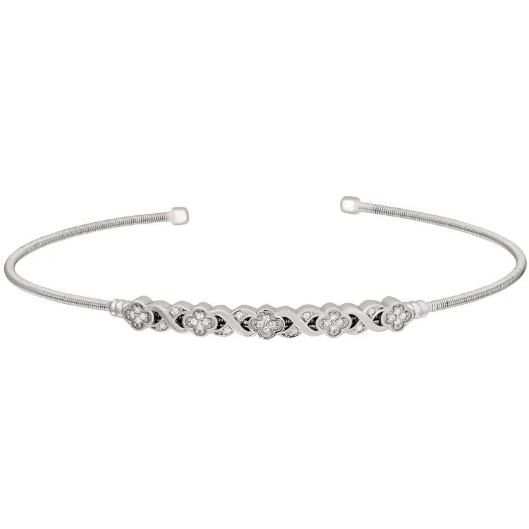 Ladies opulent gold bracelets -Rhodium Finish Sterling Silver Cable Cuff Bracelet with Simulated Diamond XO Flower Design