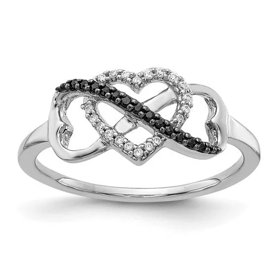 Ladies Rings for Mom Glow-10K White Gold Black and White Diamond Infinity and Heart Ring