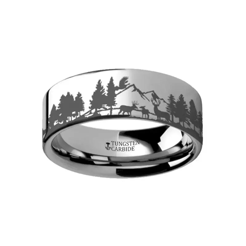 Ladies Rings Thin Glow-Thorsten Animal Landscape Scene Reindeer Deer Stag Mountain Range Ring Engraved Flat Tungsten Ring - 4mm - 12mm