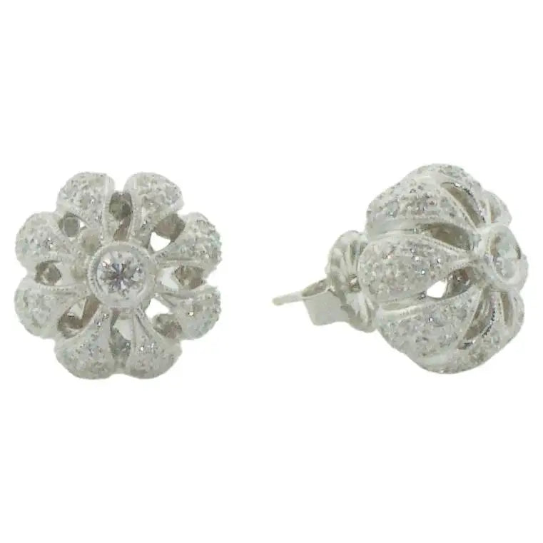 Ladies Earrings with Nebula Drops-Diamond Floral Earrings in 18k White Gold